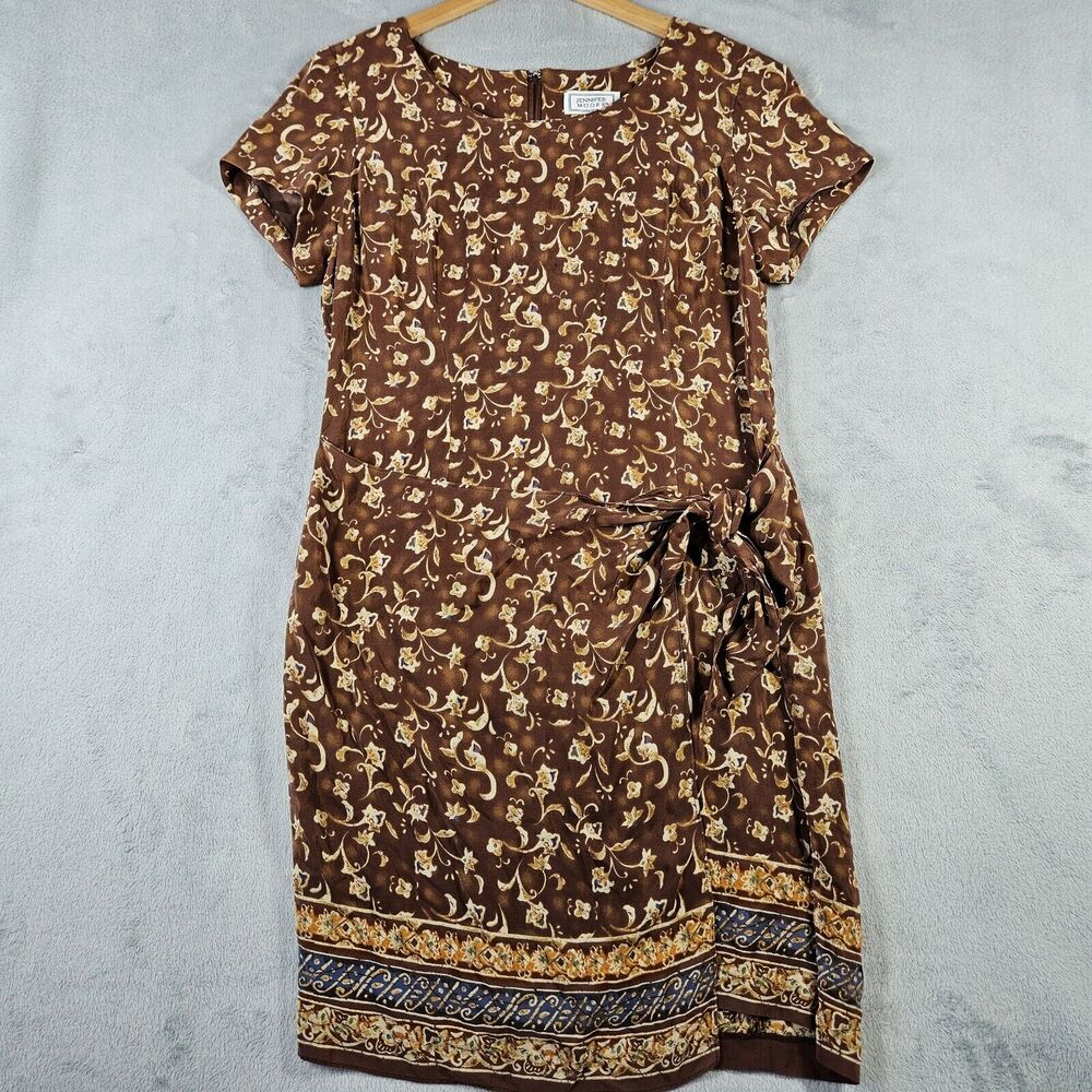 Vintage Jennifer Moore Silk Dress Womens Sz 12 Side Tie Mini Brown 90s Y2K‎ Slip